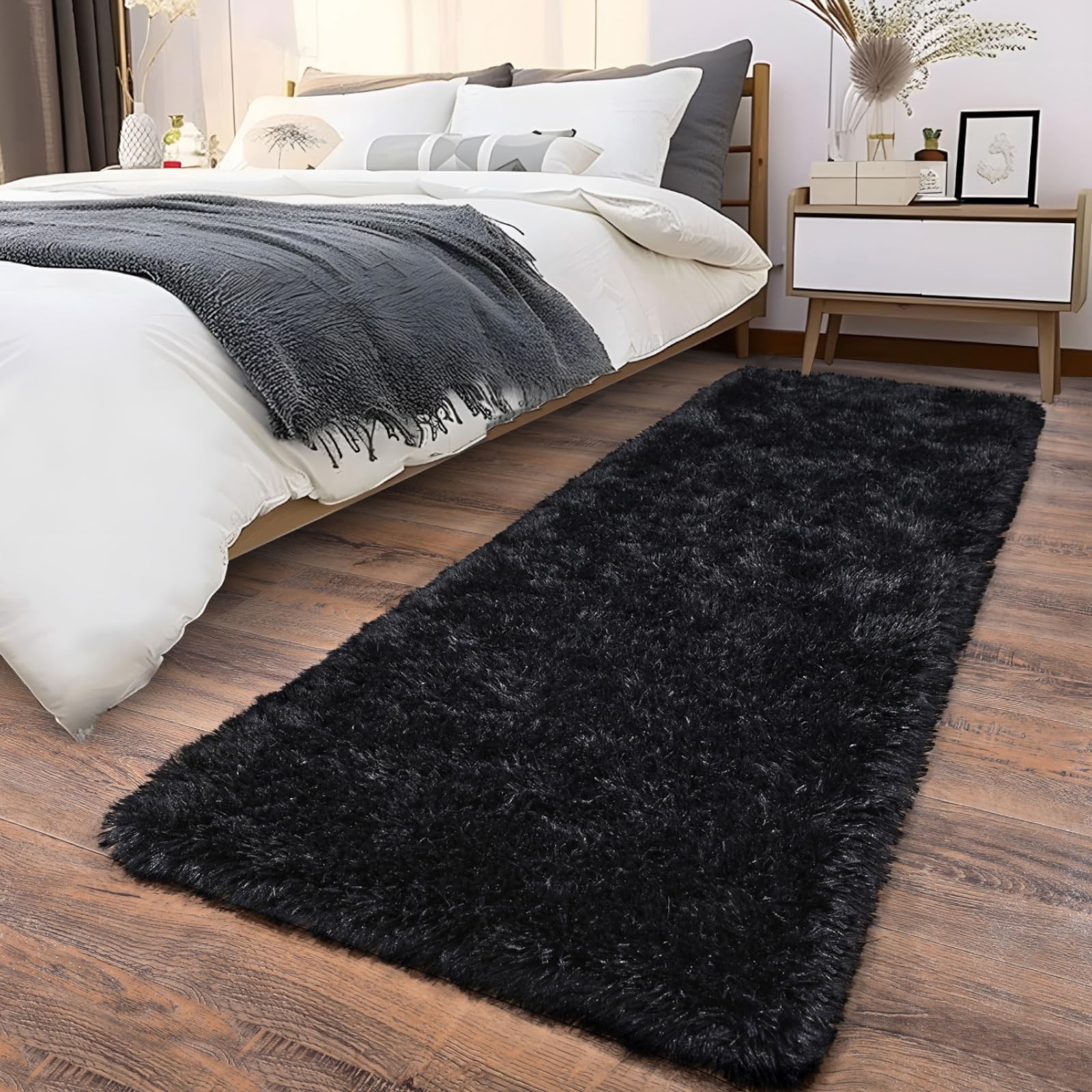 Ailyei Soft Runner Rugs for Bedroom Hallways, 2x6 Black Fluffy Shag Throw Area Rug Non Slip for Bedside Dorm, Long Shaggy Furry Carpet for Nursery