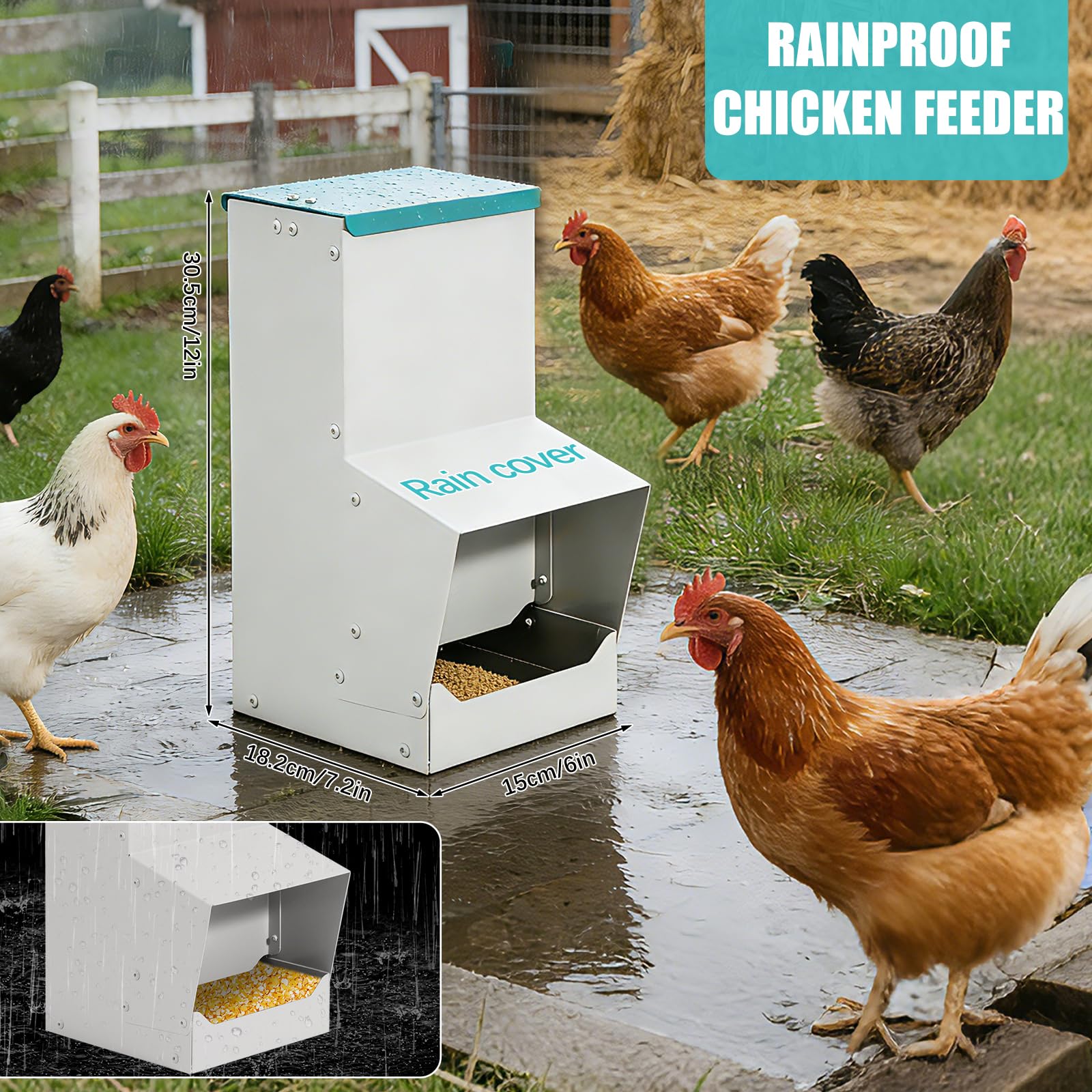 Comedero Automático para Gallinas, Metal, 10L Distribuidor Automático de Alimento, Comedero Colgante para Patos, Pollos, Antidesperdicio
