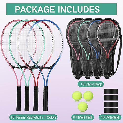 Miniatura 2 de 16 raquetas de tenis para adultos recreativas para 8 jugadores, raqueta de tenis de 27 pulgadas, raqueta de tenis ligera a granel con 8 pelotas de