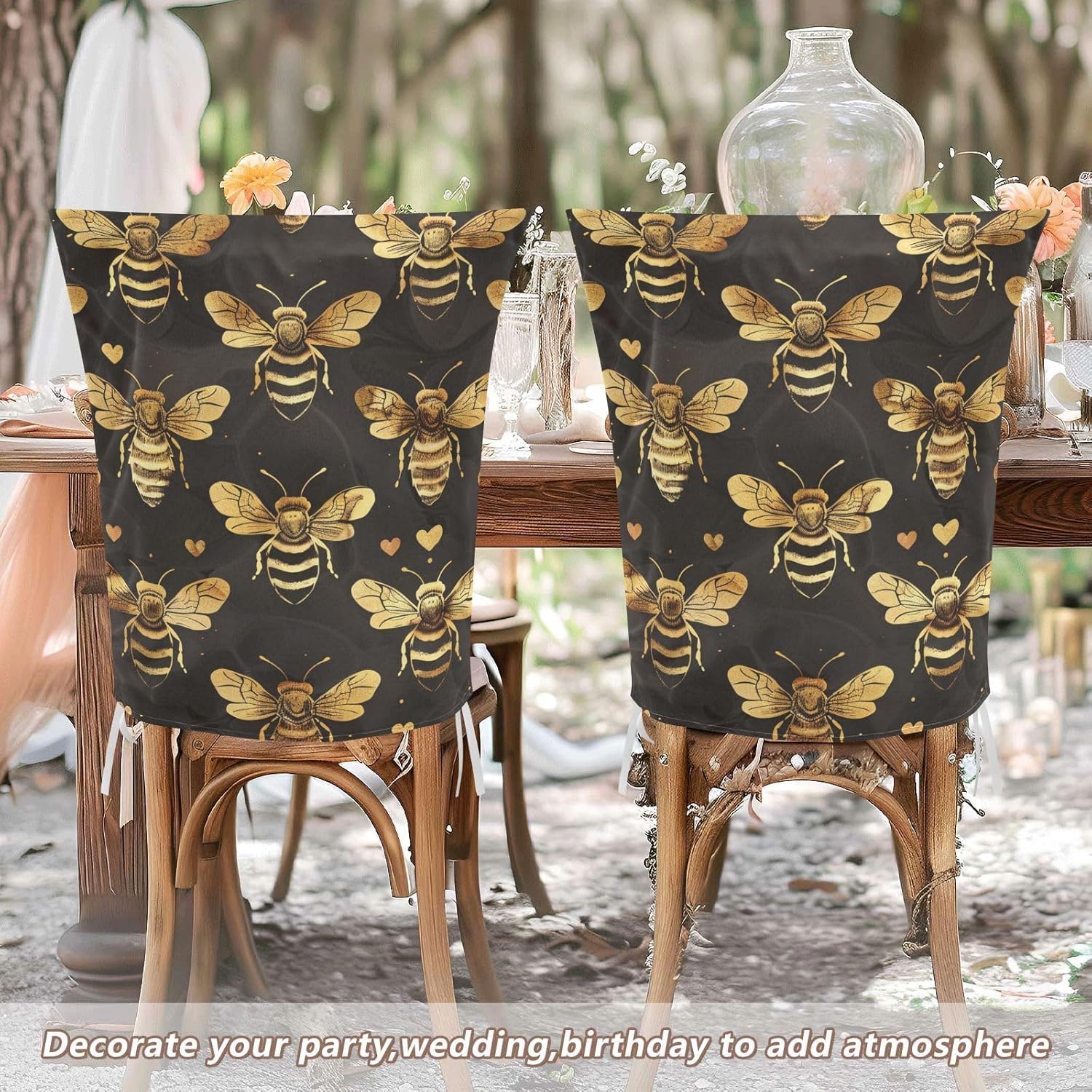 ALAZA Bee Hearts Chair Back Cover Set of 6, Washable Reusable Removable Chair Slipcovers Decorative Chair Cover for Home Kitchen Wedding Party