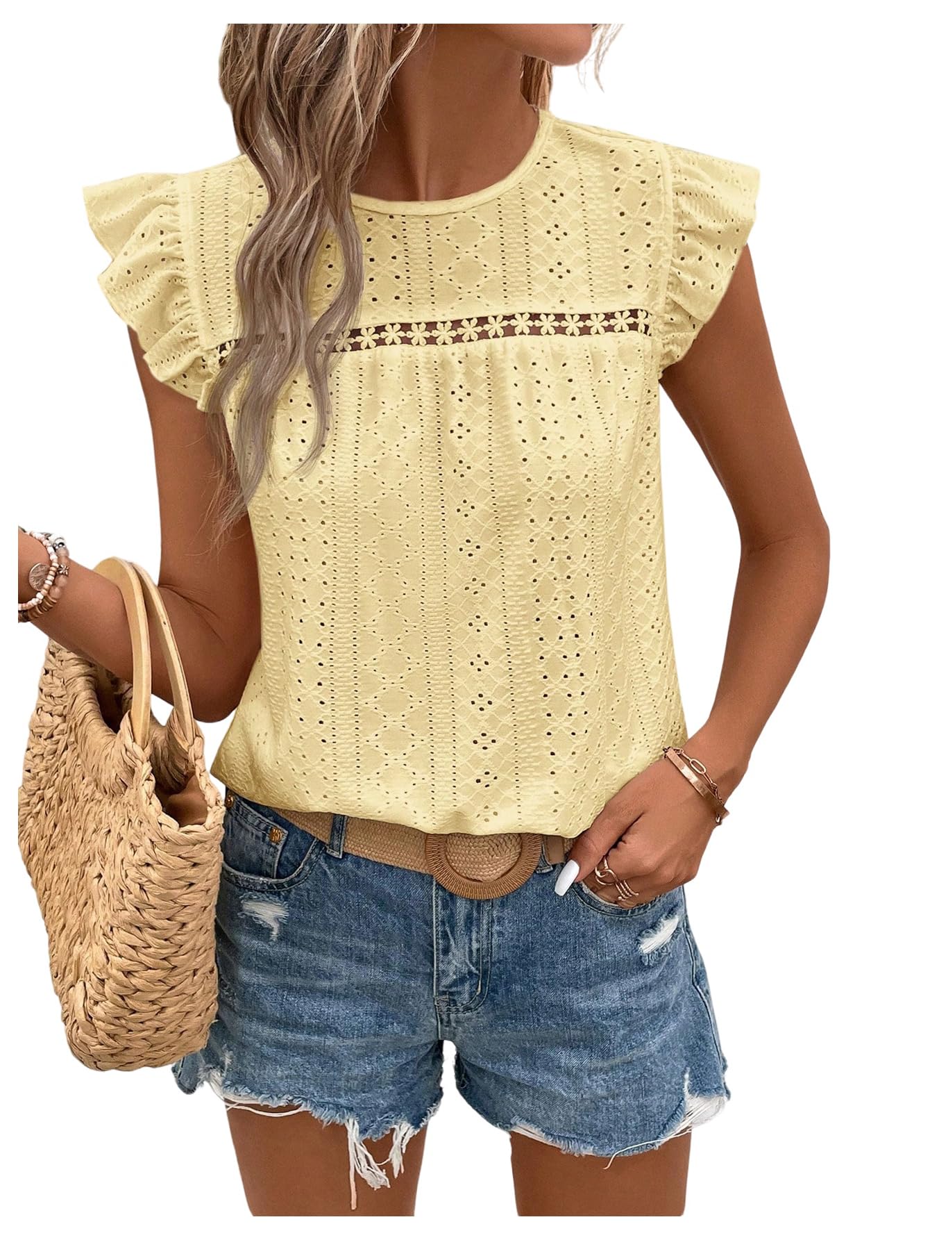 Floerns Women's Boho Eyelet Embroidery Ruffle Cap Sleeve T Shirt Crew Neck Vacation Elegant Blouses Top