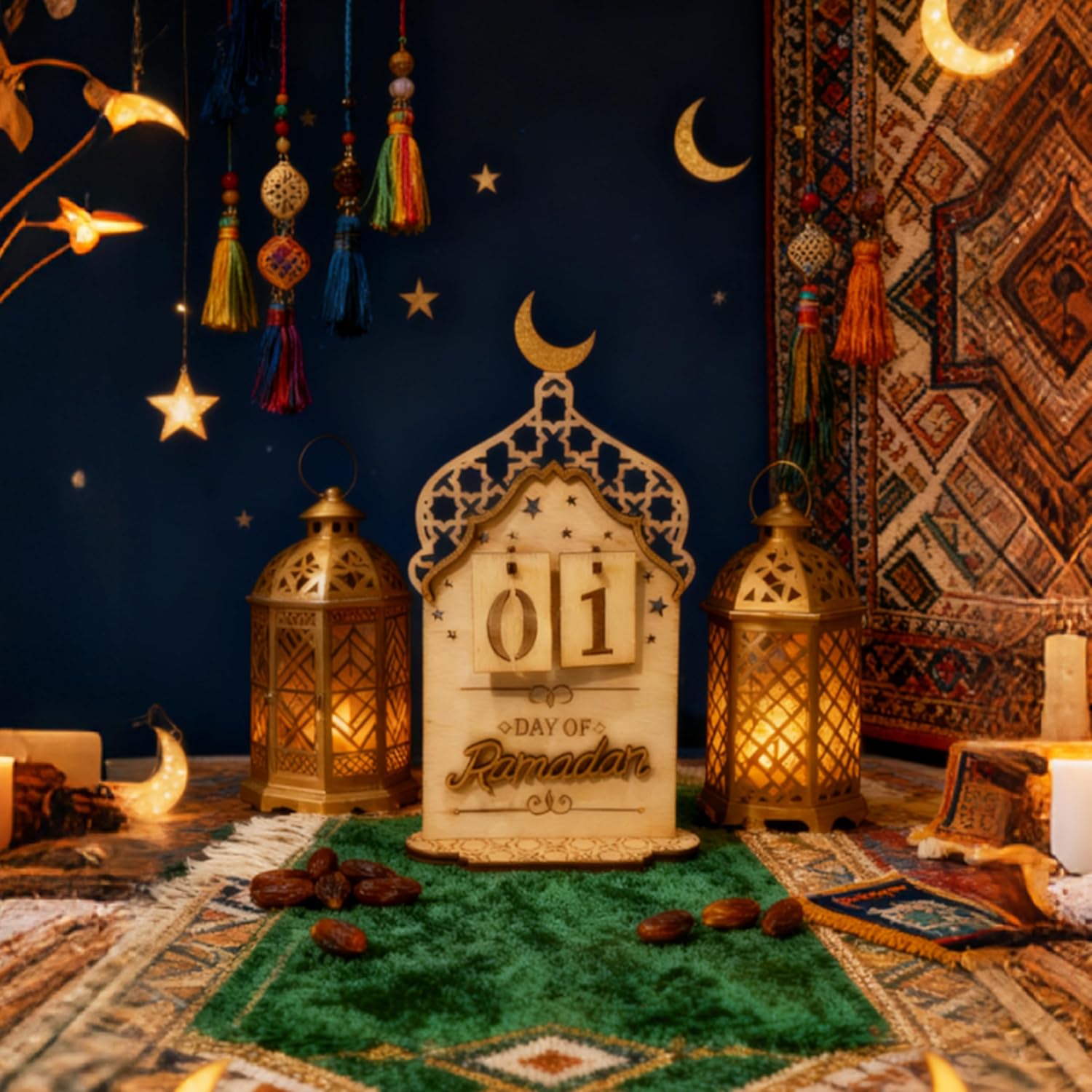 Ramadan Countdown Calendar Wooden, Eid Decoration for Home, Ramadan Day Counter for Mubarak Desk Decor, Office Tabletop Centerpiece, Islamic Tabletop Mosque Design Display with Crescent Moon - Image 6