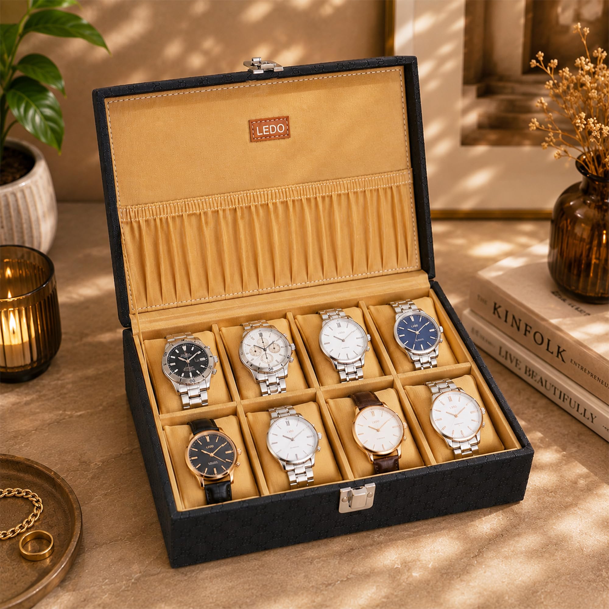 LEDO Men's and Women's Watch Box Holder Organizer Case In 8 Slots of watches In PU Leather with Royal Black & Cream color
