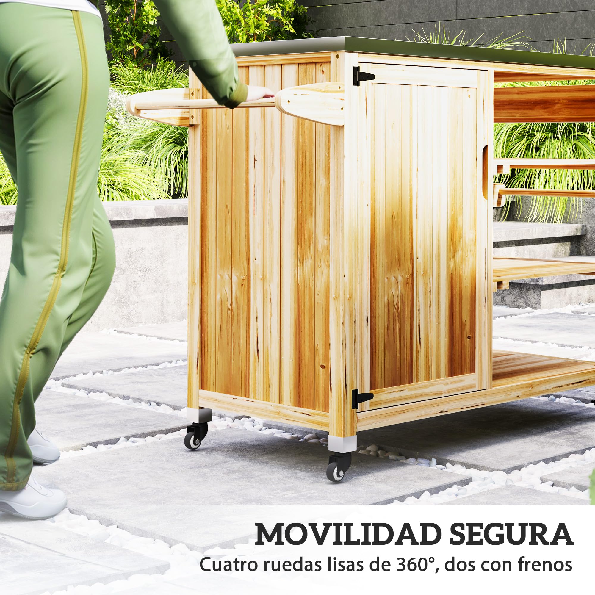 Outsunny Carrito de Parrilla Carrito de Barbacoa con 4 Ruedas Carro de Servicio de Madera Encimera de Acero Inoxidable Toallero y Especiero Estantes Armario para Patio Jardín 134,5x50x91,5 cm Natural