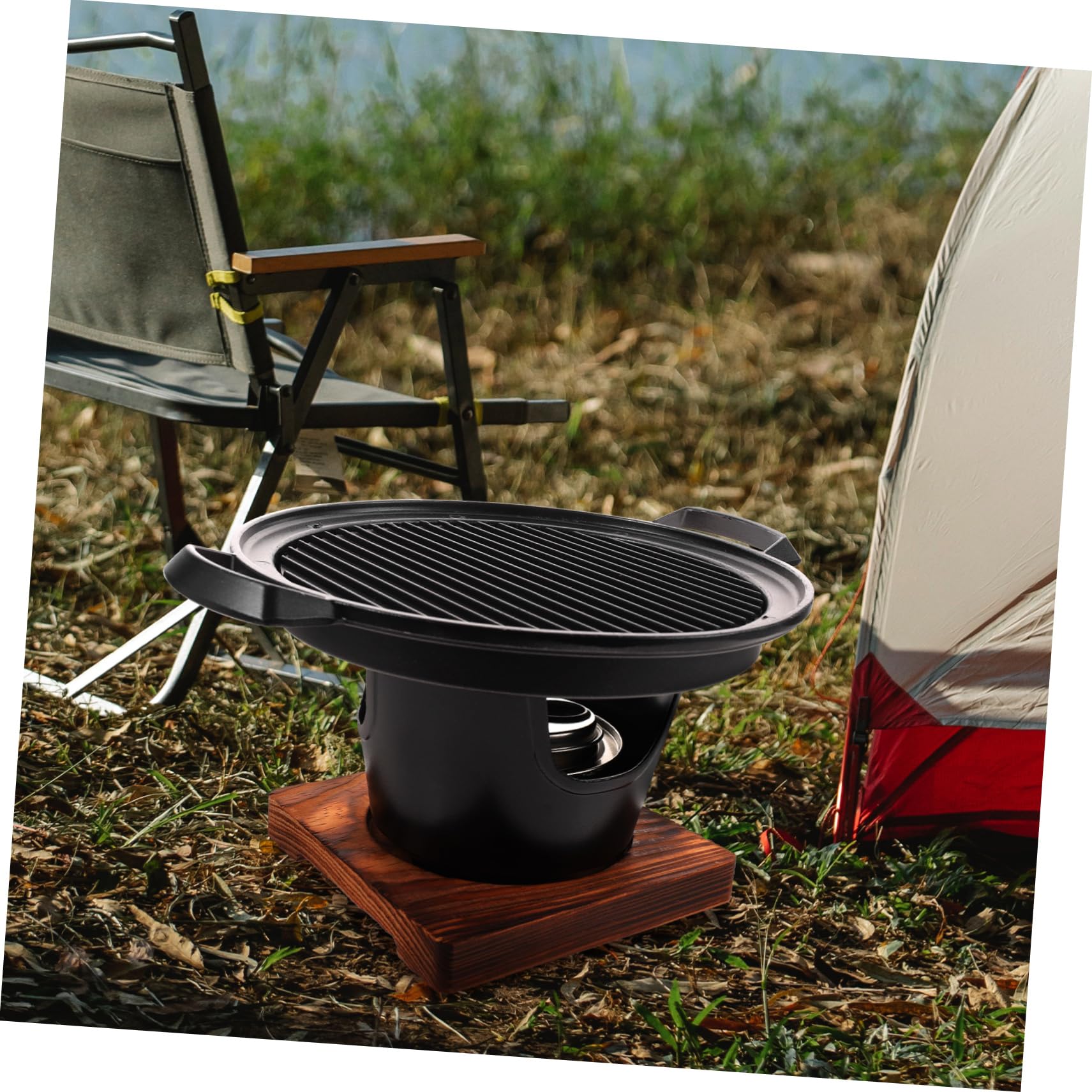 Mini Parrilla de Barbacoa sin Humo, Juego para 2-3 Personas | Aleación de Aluminio y Madera, Color Negro, Uso en Camping y Hogar, para Verduras y Comida