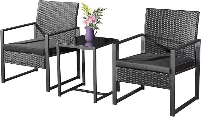 ASOWNSUN 3 Piece Rattan Garden Furniture Set Wicker Patio Furniture Sets Modern Bistro Set Rattan Dining Sets with Coffee Table for Yard Balcony/Lawn/Garden(Black)