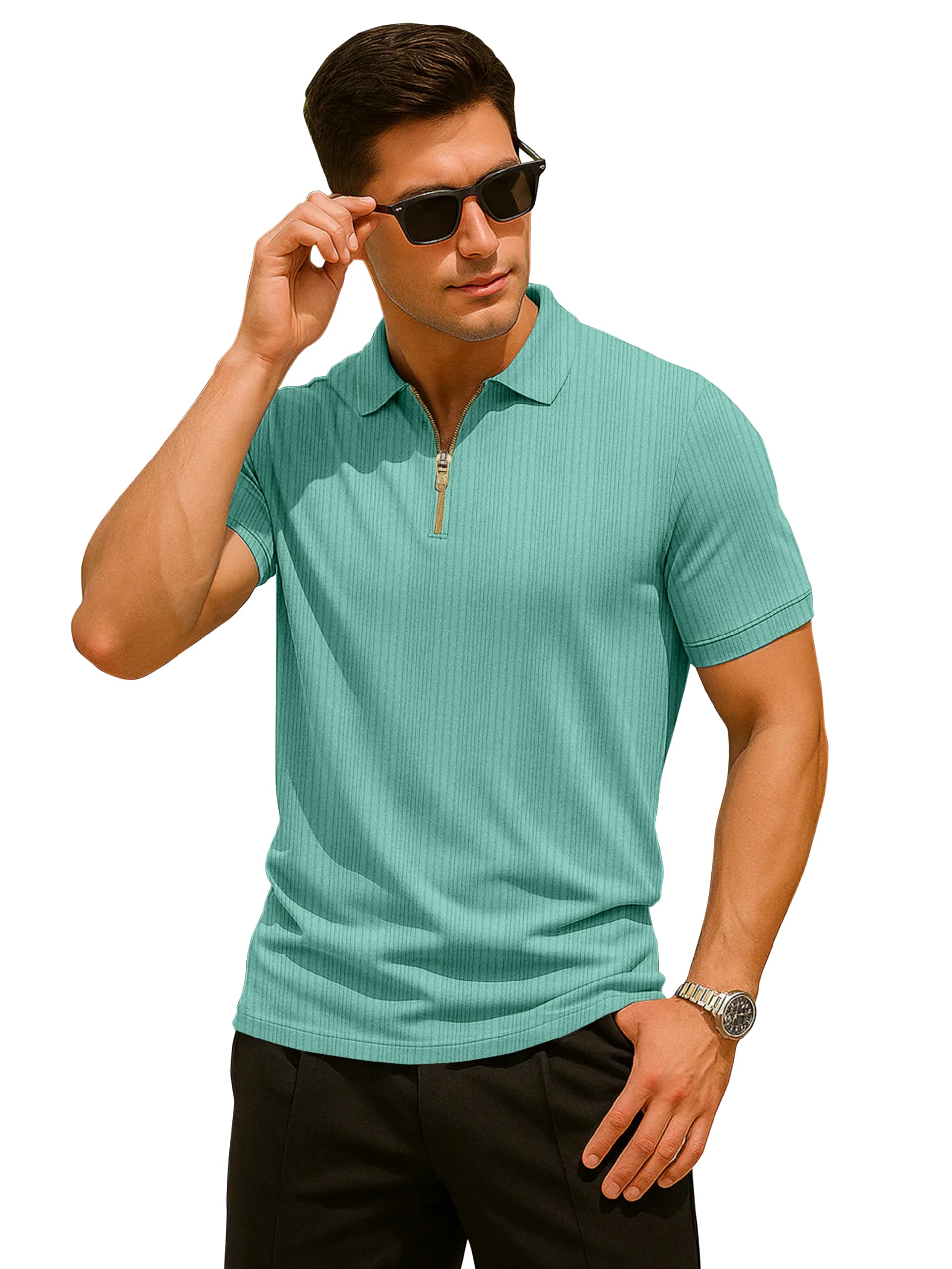 Men's Regular Fit Textured Knit Polo T-Shirt | Premium Polyester Zipper Collar Neck Half Sleeve T-Shirt | Stylish Casual Wear for Men-picture-29