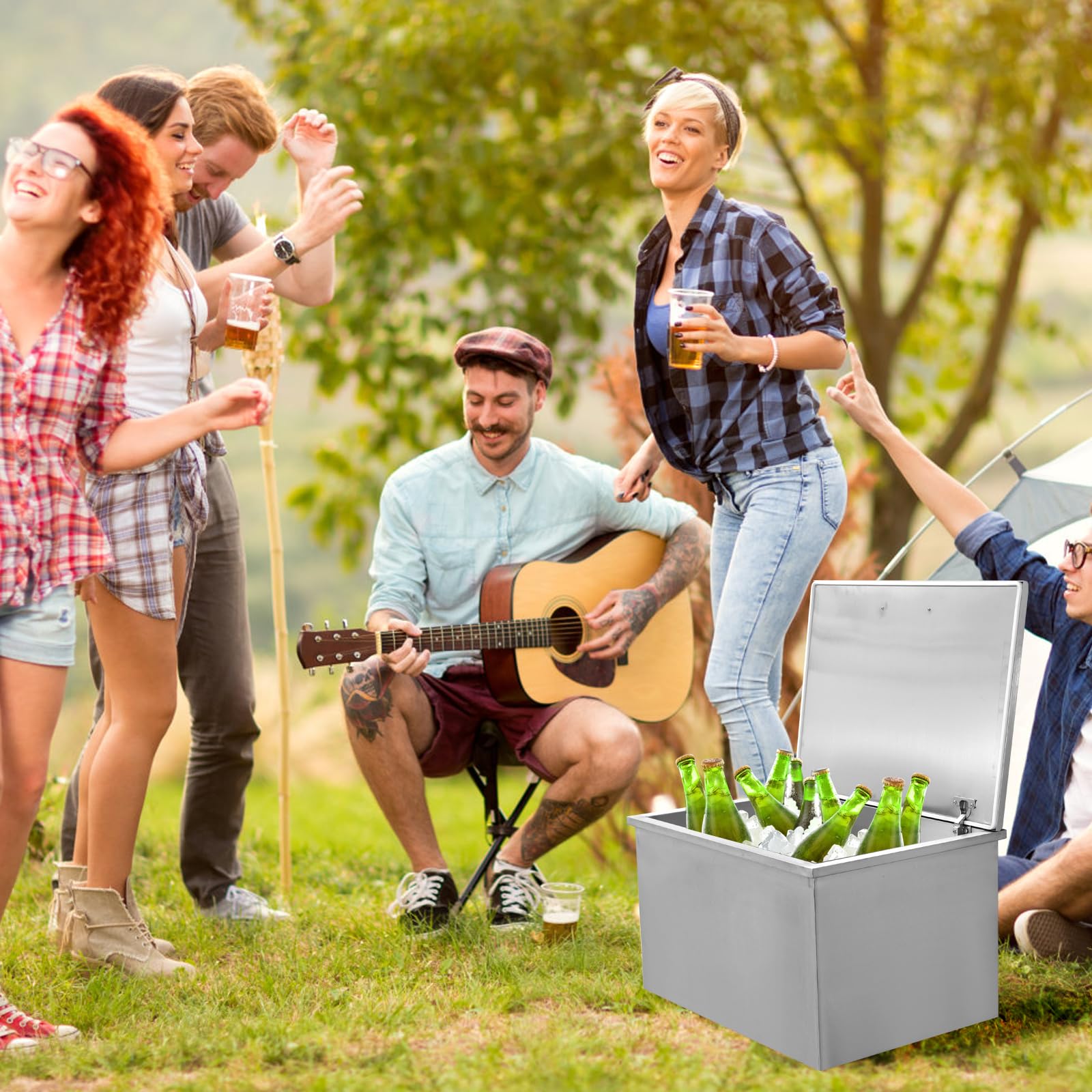 107L Edelstahl Drop-In Eisbehälter für Outdoor-Küche, Edelstahl Einbau-Eisbehälter mit Klappdeckel, Ablaufrohr & Stöpsel, Perfekt für Gartenbar & Grill, Kühler für Getränke, Wein & Bier, 71×50×43cm