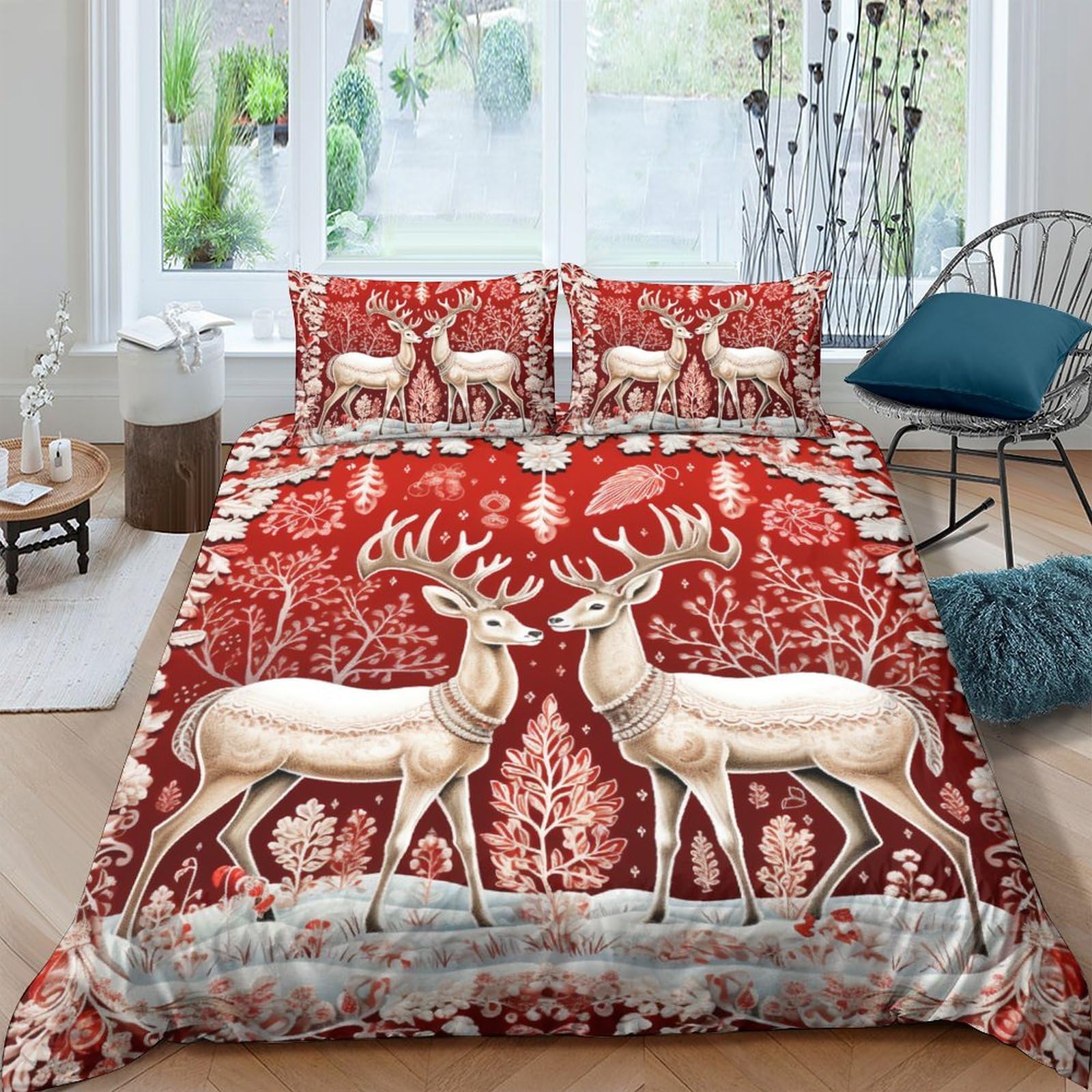 HOTGE Duvet Cover Christmas Deer 3D Printed Bedding Quilt Cover with Zipper Closure for Home Decro, Soft Microfiber Red Gift Bedding Set Double（200x200cm）