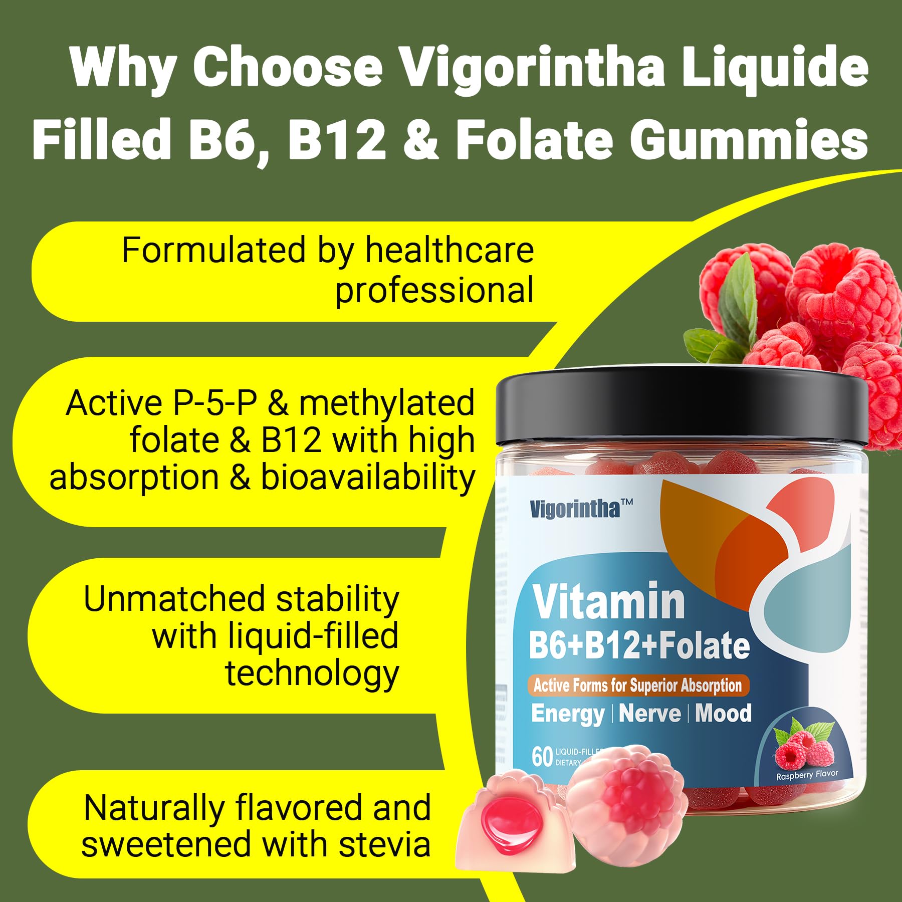 Methylated Vitamin B6, B12 & Folate Gummies, Vitamin B6 Supplement with Methylated B12& L-Methylfolate for Energy, Brain & Nerve, Sugar Free, Vegan, 60 Gummies. — Amazon image 5