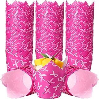Maxdot 200 Pcs Breast Cancer Awareness Tulip Cupcake Liners for Baking Paper Muffin Baking Cups Pink Ribbon Tulip Muffin liners Wrappers for Bridal Baby Shower Wedding Birthday Party Decor