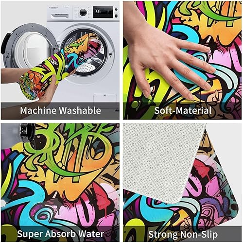 Miniatura 5 de Tapete con estampado de grafiti, tapete antideslizante y lavable para interiores y exteriores, tapete de bienvenida absorbente para cocina,