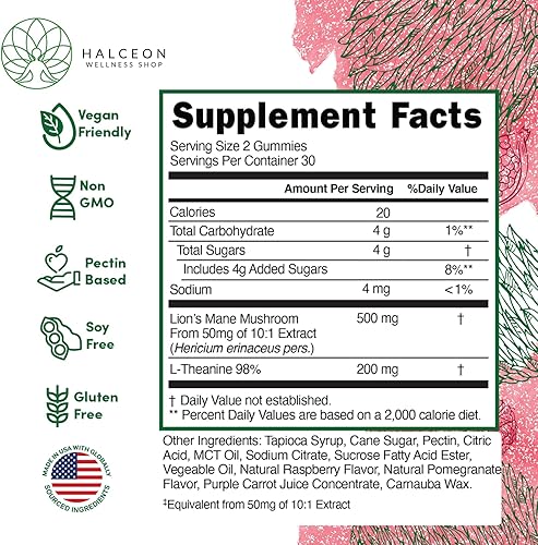 Miniatura 3 de Halceon Wellness - Gomitas de hongos de melena de león y L-teanina para la salud cerebral, suplemento de hongos nootrópicos, gomitas veganas sin OMG
