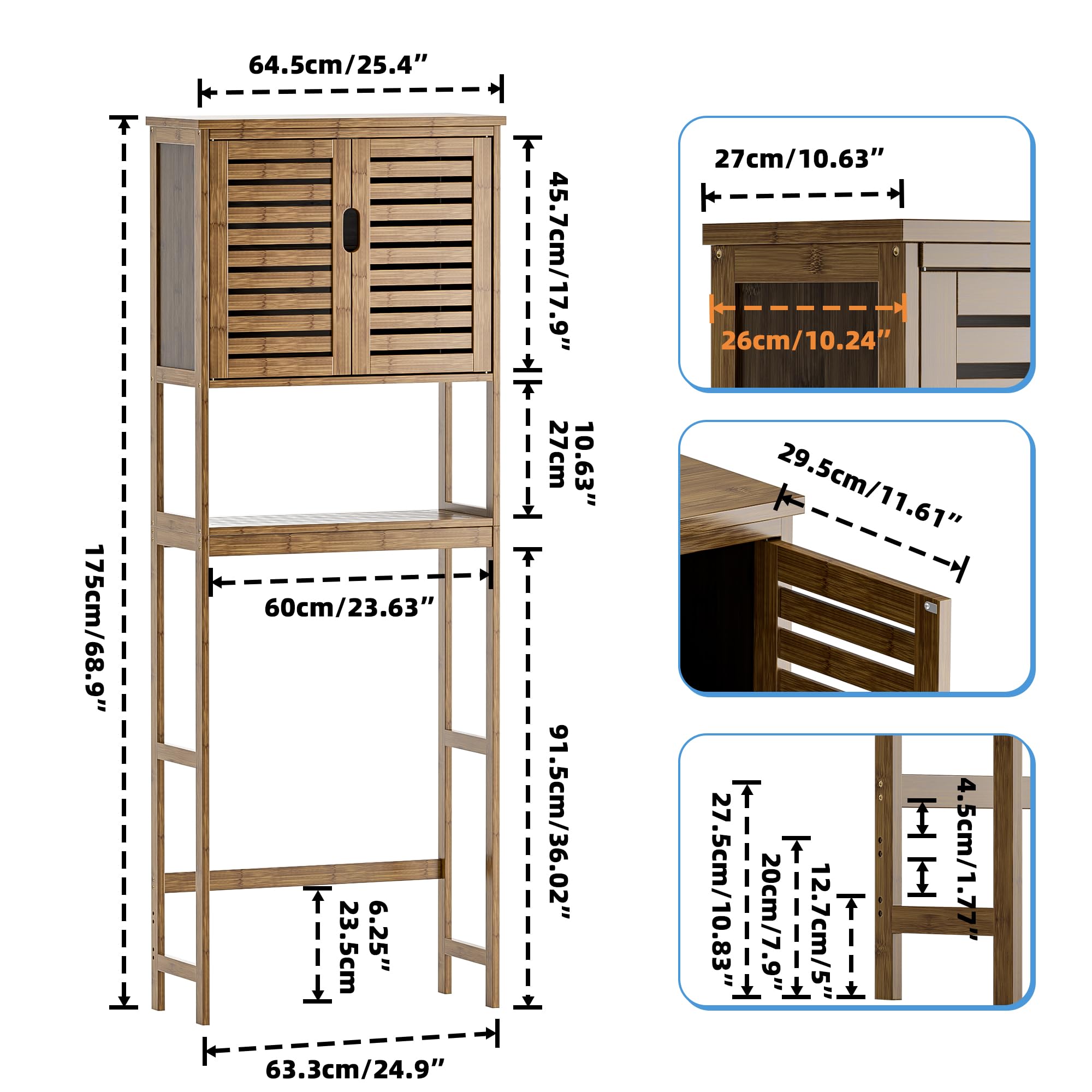 SMIBUY Bad Lagerung Regal mit Schrank, Bambus über die Toilette Veranstalter Rack, freistehende Toilette Platzsparer mit 3-Tier verstellbare Regale (Walnuss)