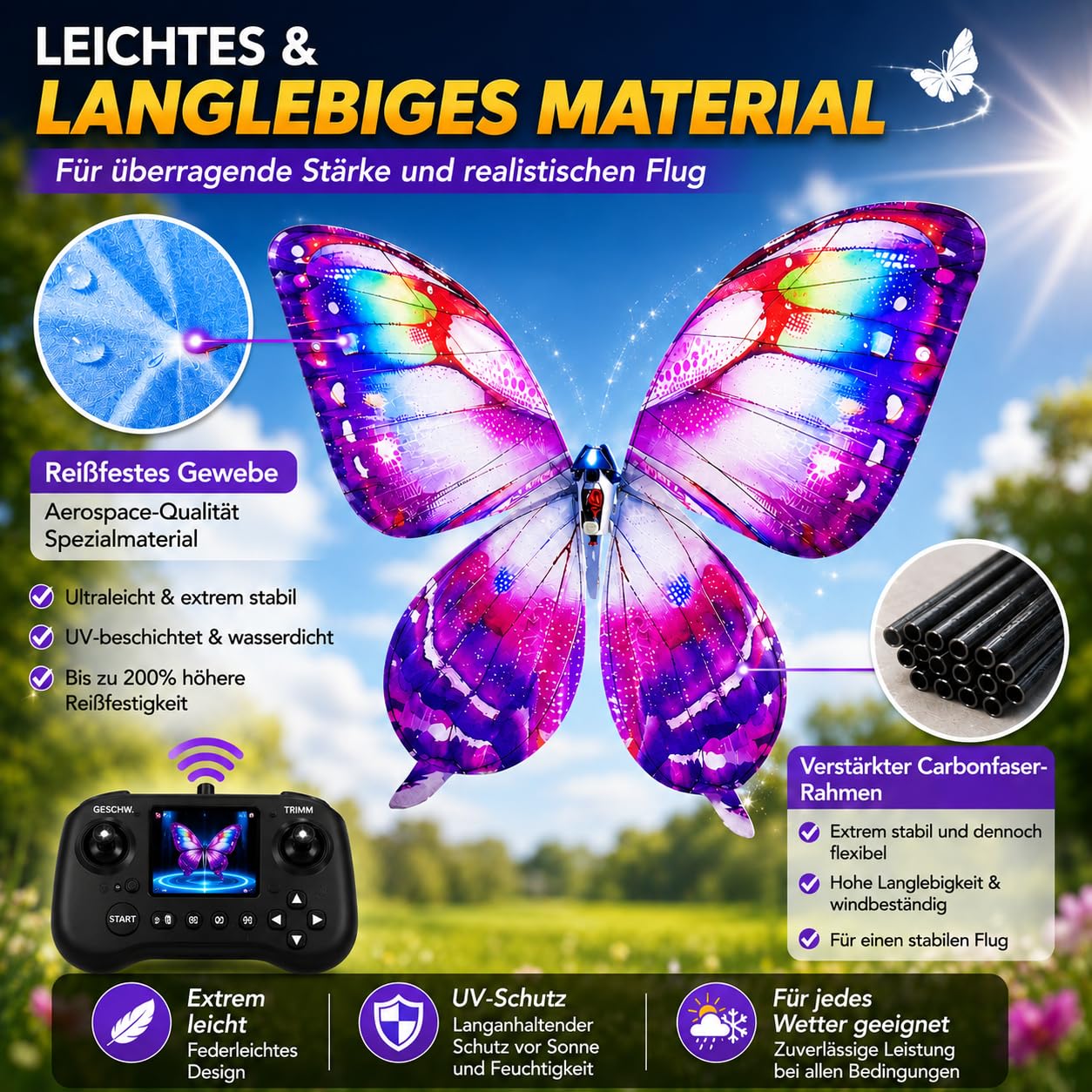 RC Bionic Butterfly Ornithopter Drohne mit Sensorunterstützung LED Beleuchtung batteriebetrieben Bunte Schmetterlingsflügel lustiges Flugspielzeug für drinnen und draußen Geschenk(Purple)