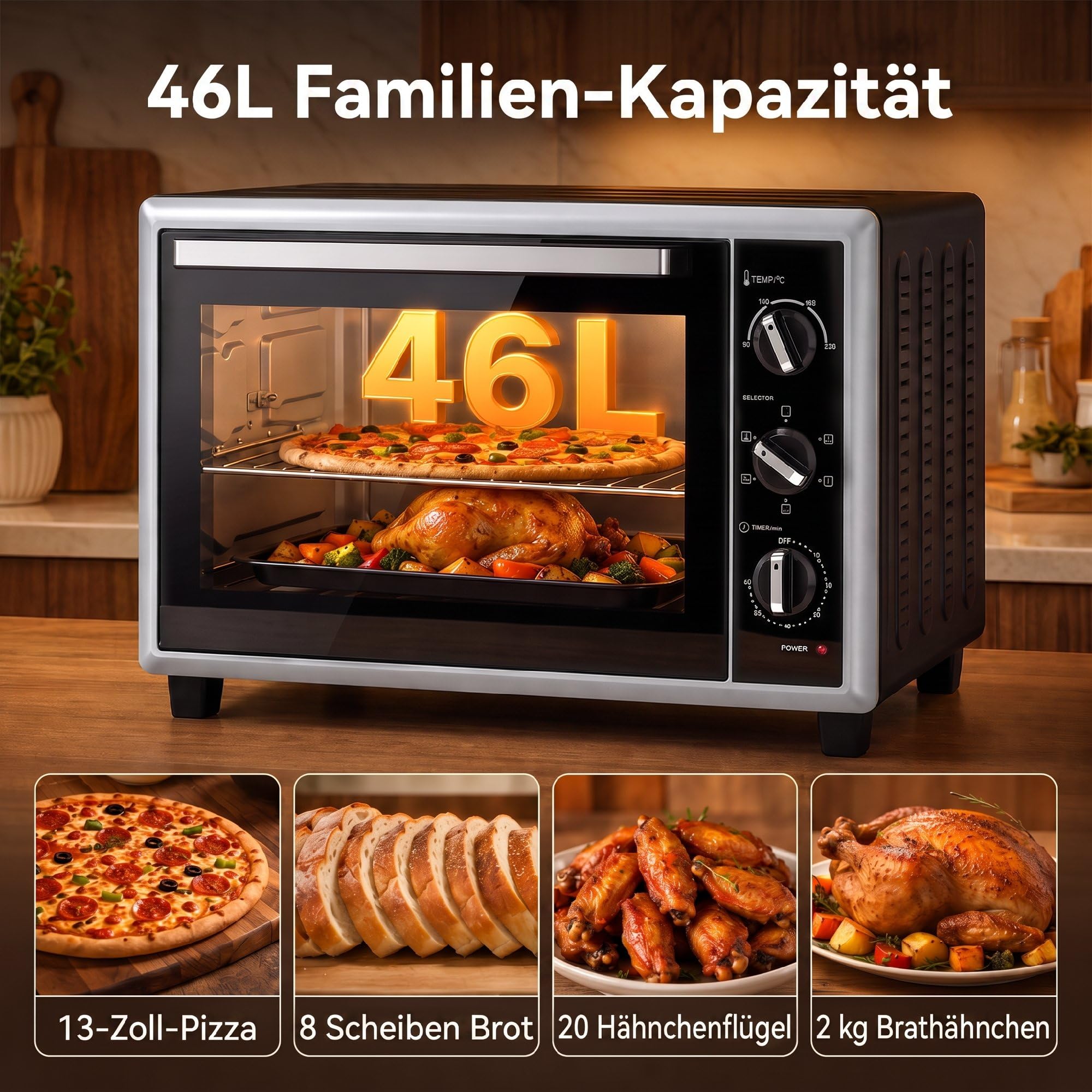 HOMCOM Mini piekarnik z obiegiem, rożen obrotowy, 46 l, 90-230 ℃, timer 60