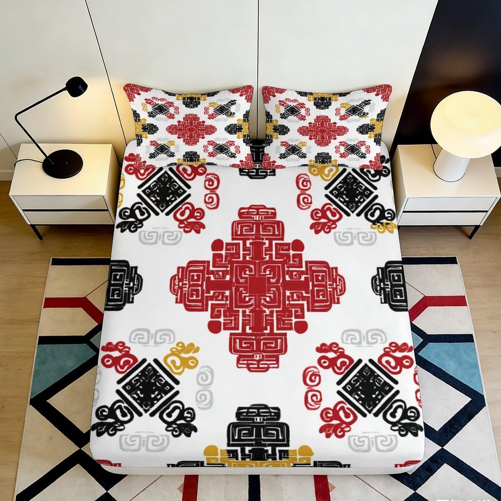 3D Printed Ethnic Geometric Fitted Sheet Microfiber Soft Breathable Floral Bed Cover for Bedroom Dorm Decor 90x200x25cm
