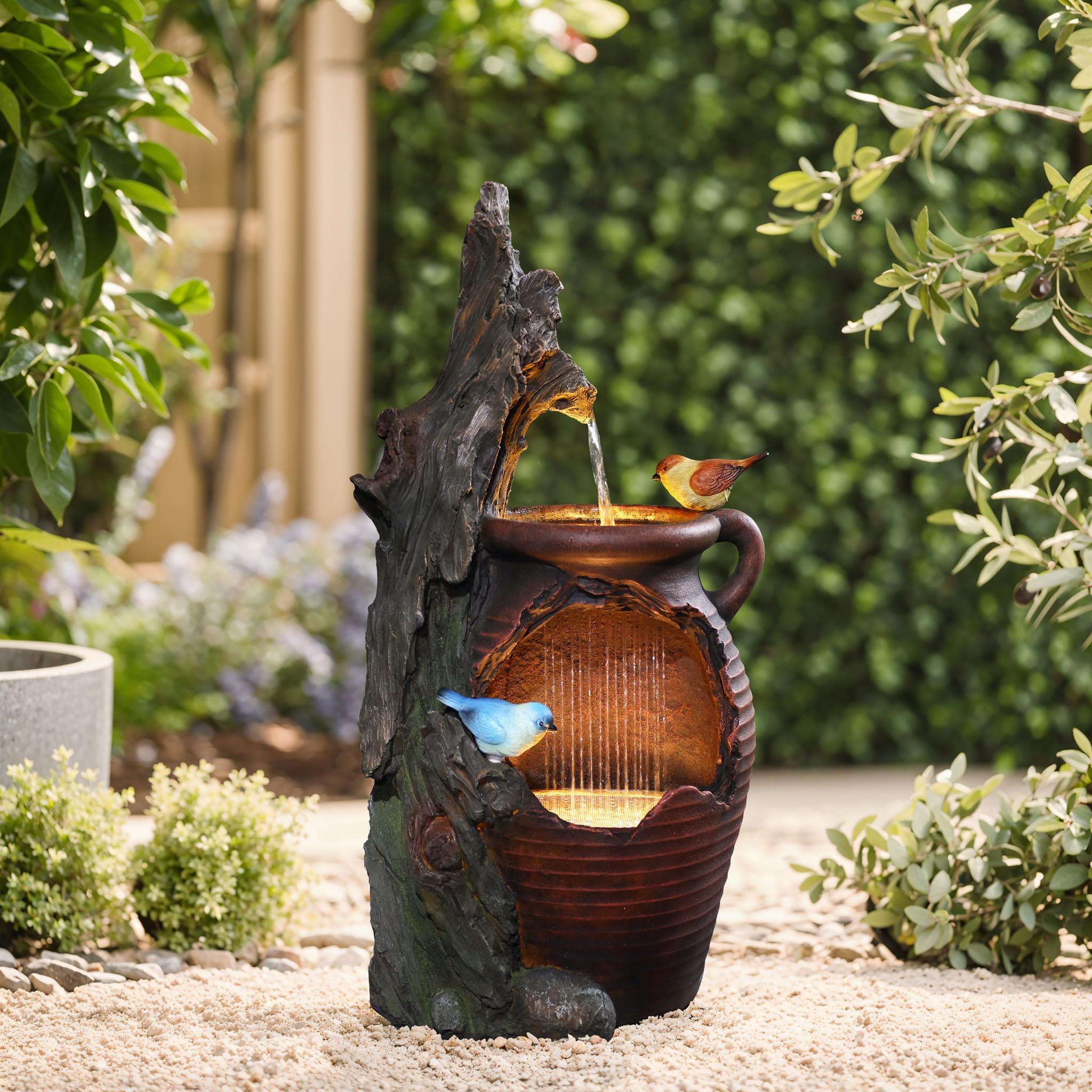 LuxenHome 30 Inch Tall Outdoor Water Fountain, Rustic Pot and Tree Trunk Cascading Waterfall Fountain Outdoor and Indoor with LED Lights, Resin Garden Water Fountains for Patio, Porch, and Backyard