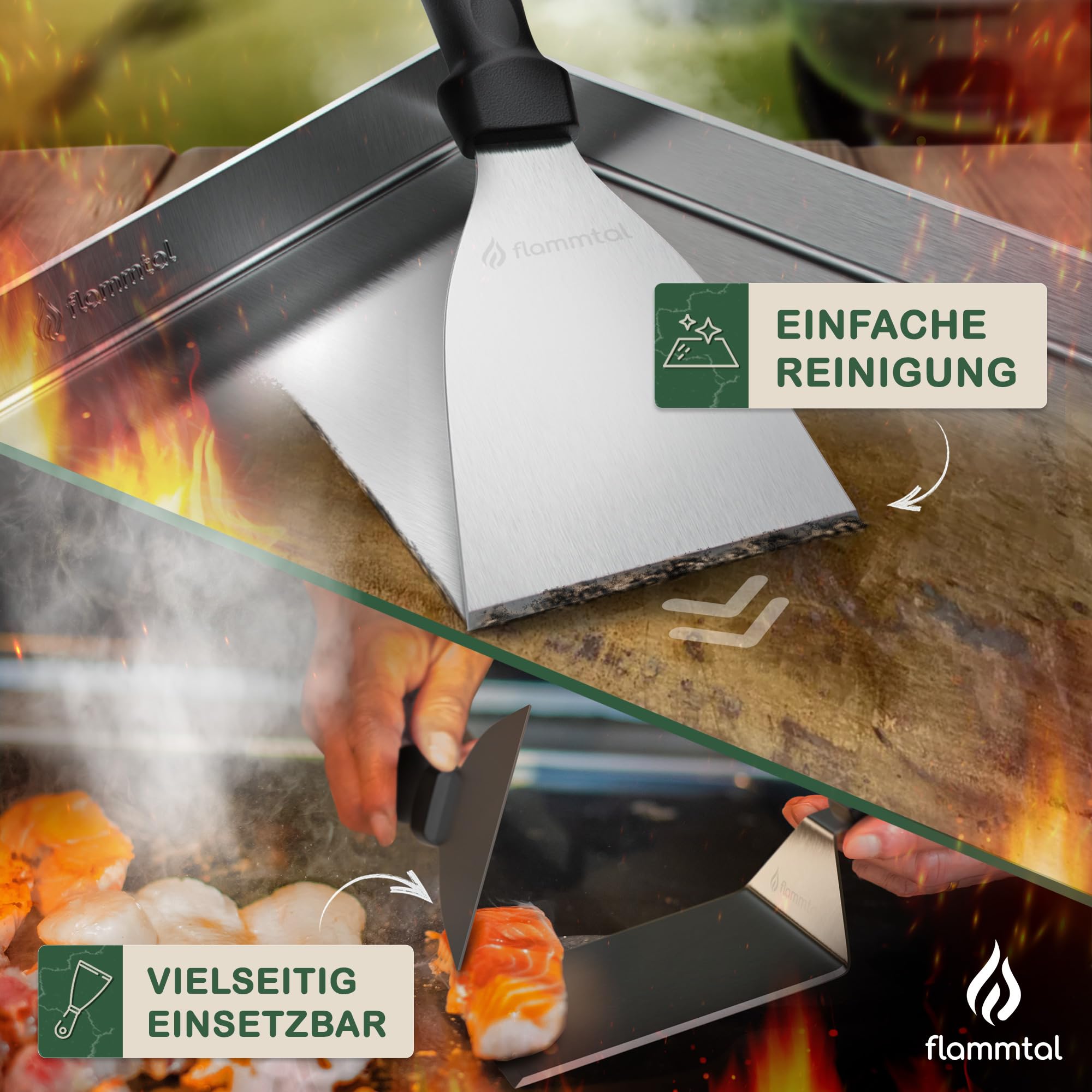 flammtal [L'originale] – Set di 20 pezzi di carta per hamburger – Set di spatole per barbecue in acciaio inox – Spatola Plancha di alta qualità – Spatola per barbecue lavabile in lavastoviglie per