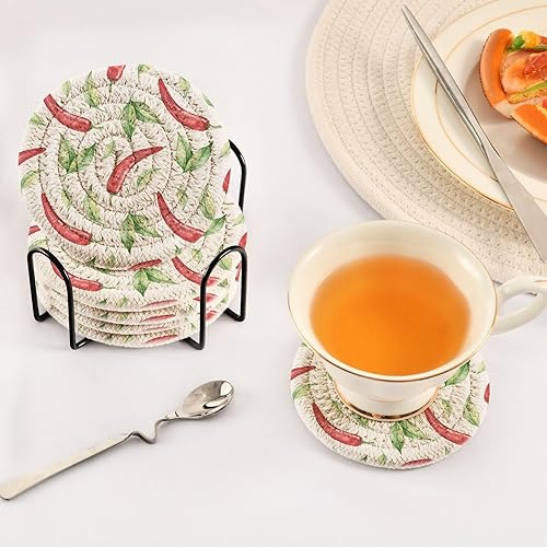 Miniatura 5 de innewgogo Red Hot Chili Pepper 6 Pcs Absorbent Drink Coasters for Tabletop Protection Handmade Round Woven Coaster with Holder & Heat Water