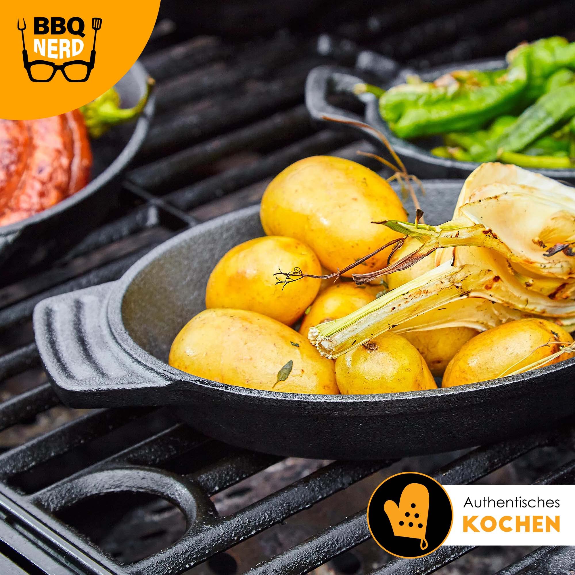 BBQ-Nerd Servierpfännchen aus Gusseisen im 6er Set - Grillpfännchen - oval 22,5x13 cm - zum Braten Überbacken Grillen Anrichten Servieren - Gusspfännchen für einzelne Portionen
