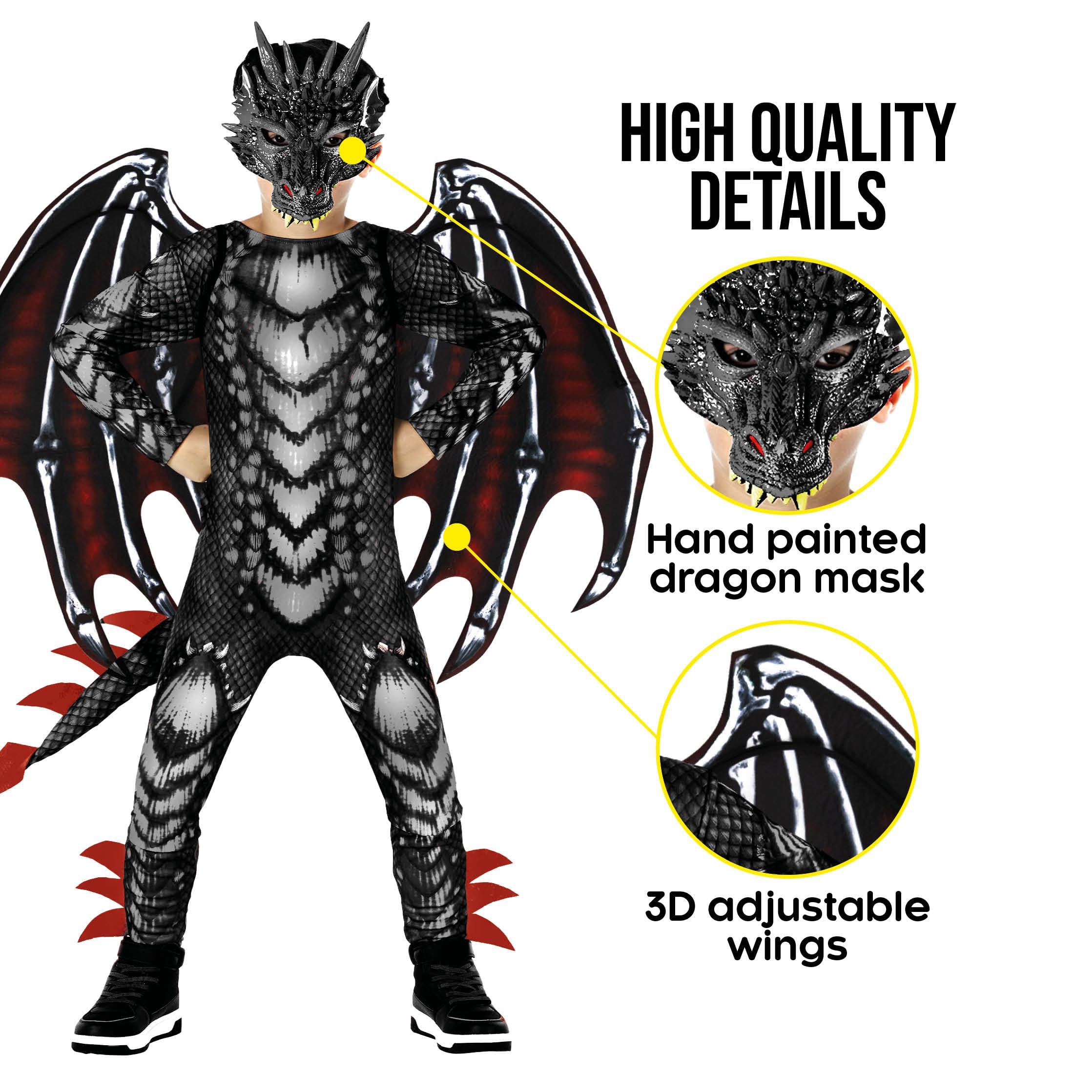 Morph Black Red Dragon Costume Kids Dragon Costume for Boys Jumpsuit Halloween Costumes for Kids S (4-6Y) - Image 3