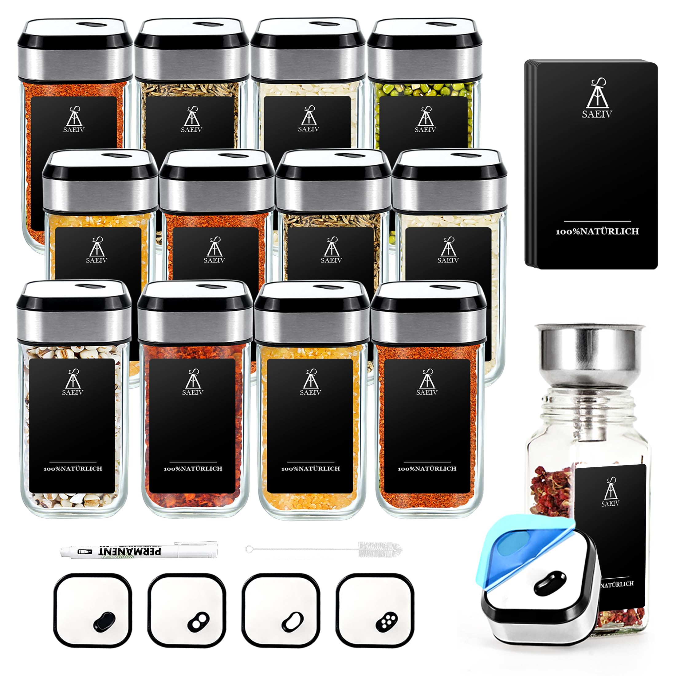 Pot a Epices Set Carré Rotatif,Trois Calibres Réglables 360°, 12 Coffret Epices, 120 ml Pot Epices Verre, Parfait Rangement Epices Cuisine
