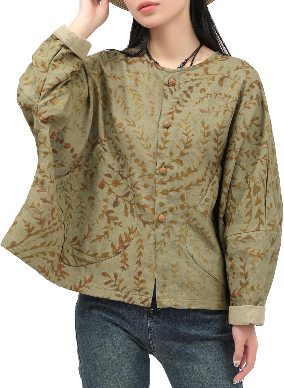 Women's Casual Jacket-Shirt Autumn Botanical Print Linen Long Sleeve Top Breathable Wind Resistant Outerwear Coat