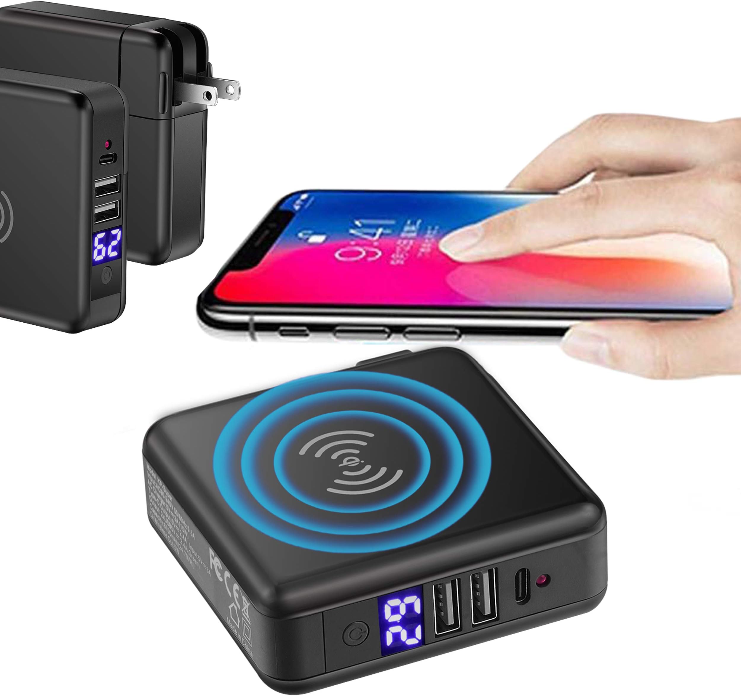 Tronoe Wireless Phone Charger,6700mAh Portable Power Bank Detachable USB Wall Charger Multi-Protection Three Port Power Adapter Charging Block Compatible with iPhone,Samsung,Phone More. (Black)