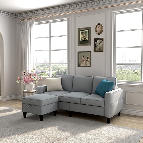 Miniatura 3 de Tumbona y otomana convertible de almacenamiento seccional, respaldo tapizado de lino, sofá esquinero reversible para 3 personas para sala de estar