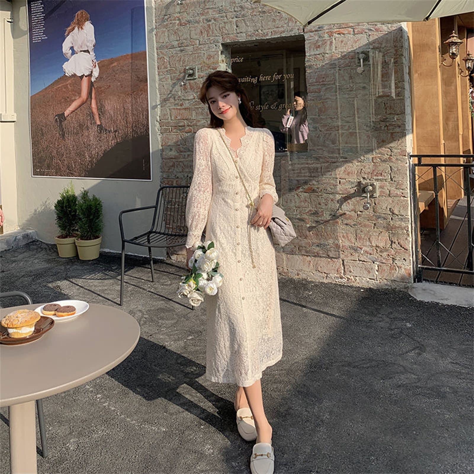 Amazon.com: Lace Long Sleeve Dress Spring One Piece Evening Ladies