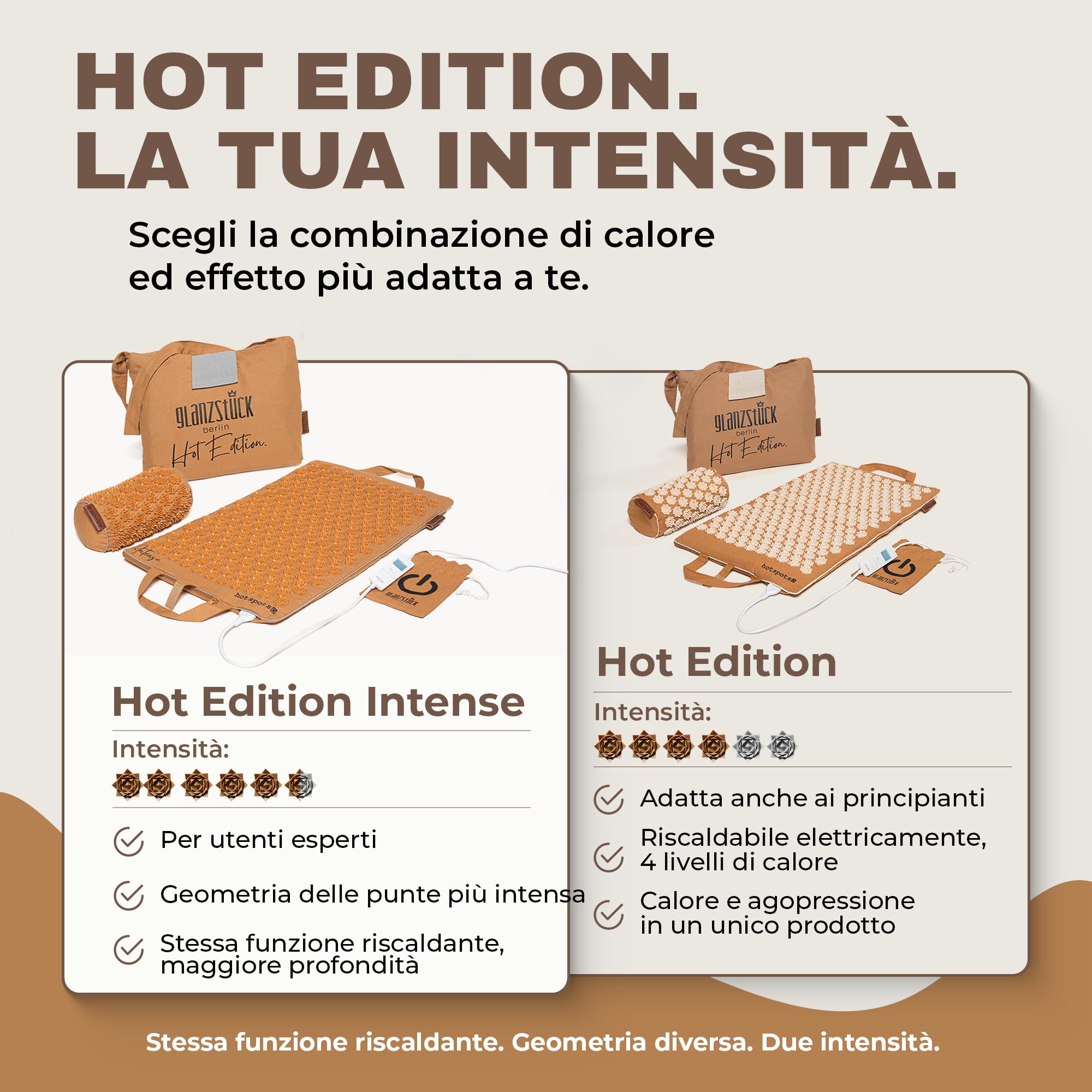 Glanzstück Berlin® Health Collection: Set di tappetini per agopressione XL Hot Edition Intense, riscaldabile elettricamente in lino, aiuto per tensioni, mal di schiena, tappetino massaggiante con