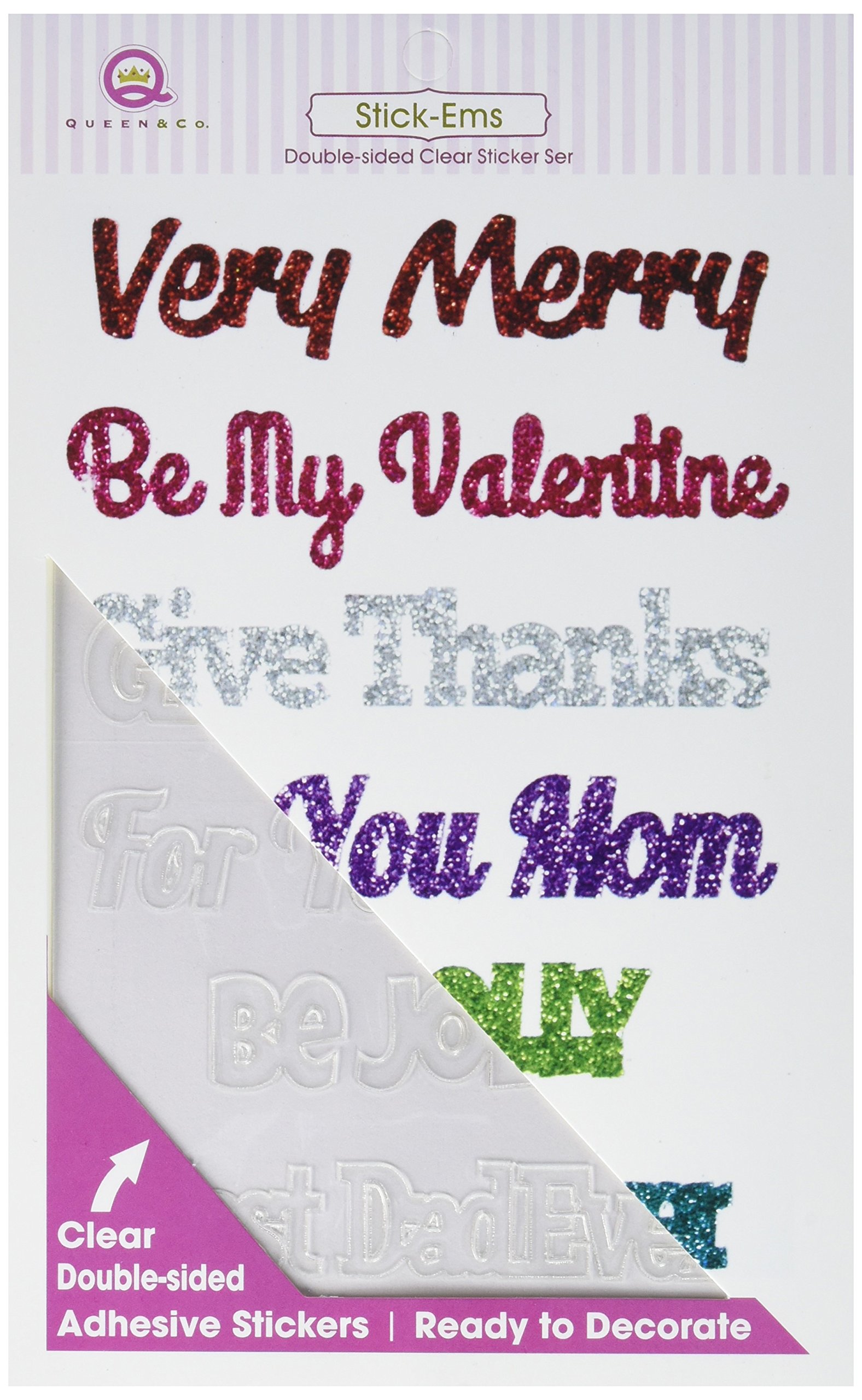 Queen & Co Stickems Clear Double Sided Stickers Holiday Sentiments, Acrylic, Multicoloured, 3-Piece