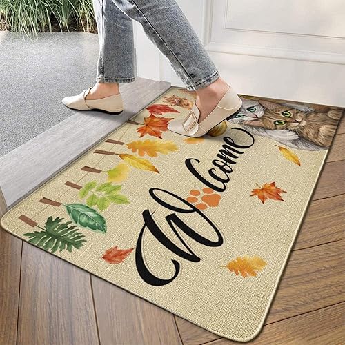 Miniatura 6 de Divertida alfombra de bienvenida con diseño de gato, tapete de bienvenida de otoño al aire libre, tapete de goma antideslizante para interiores y