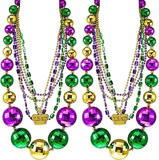 2 Set 50" Jumbo Ball Mardi Gras Beads Necklaces and 10 Pcs Assorted Costume Necklace Metallic Beaded Necklace Party Mardi Gras Decorations for Mardi Gras Festival Parades Celebrations Carnivals