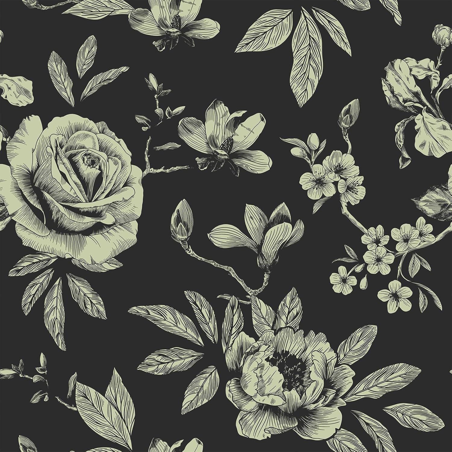 Vintage Black Rose Floral Wallpaper Peel and Stick Antique Moody Dark Flower Wallpaper Prepasted Decorative Floral Contact Paper 12"x118" Sticky Removable Room Wall Covering for Home Decor