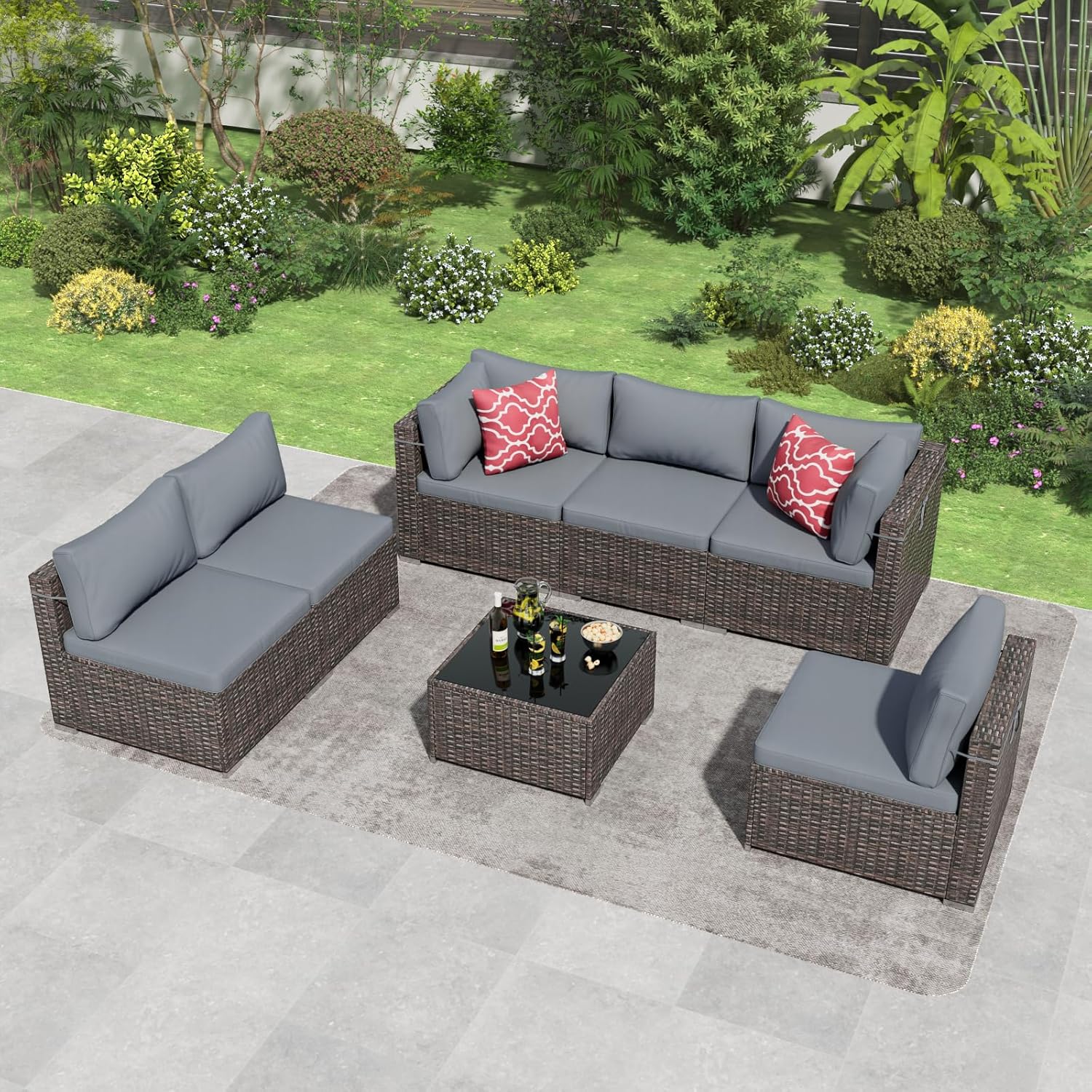 7 Pieces Outdoor Patio Furniture Set, Wicker Patio Conversation Sectional Couch Set, All Weather PE Rattan Sofa with Glass Table and Grey Cushions
