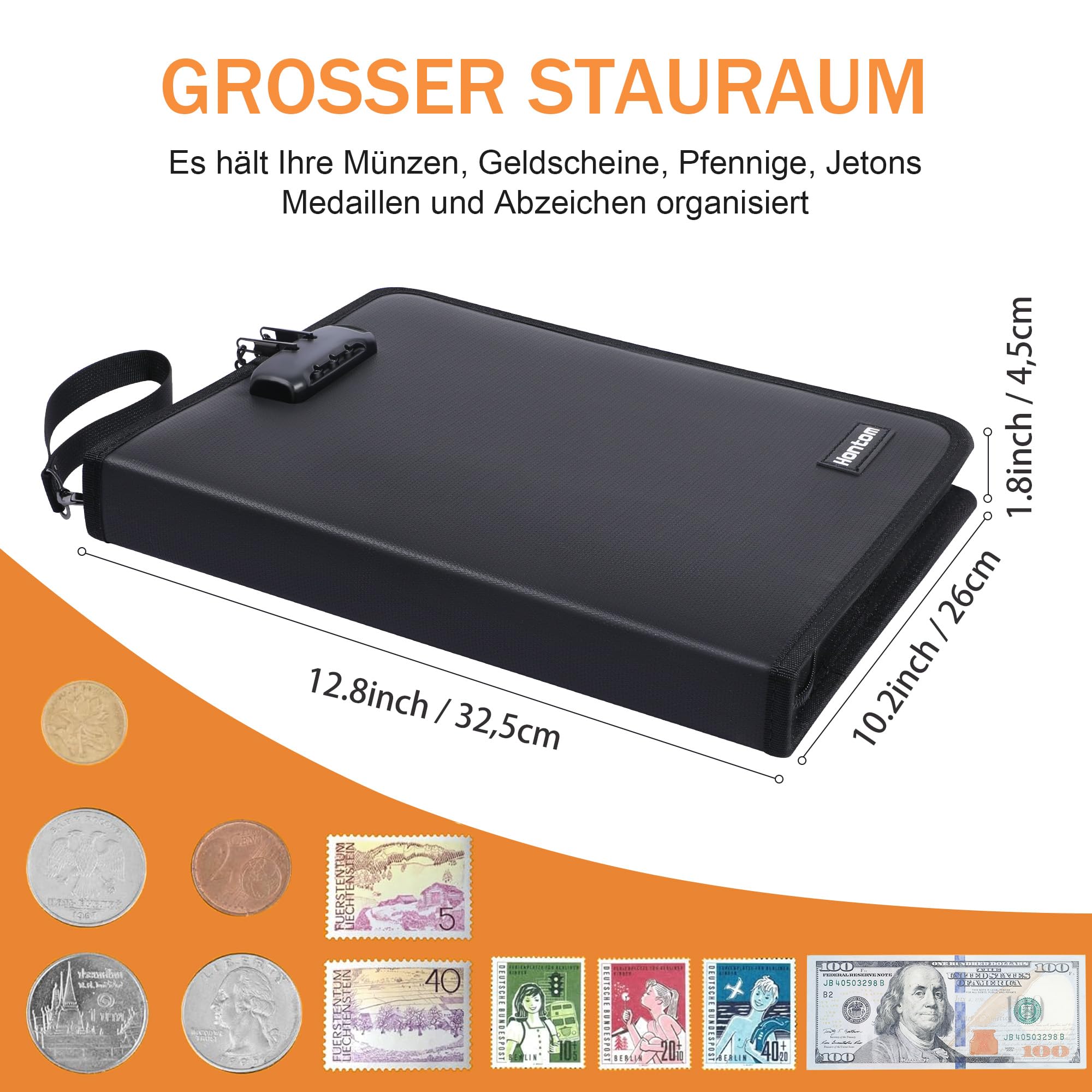 Hontom Album di monete per collezionisti con lucchetto, 400 tasche ignifughe e 36 buste di carta per monete per penne, banconote, gettoni, badge