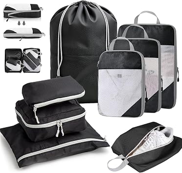 Compression Packing Cubes for Suitcases, 8 Piece Travel Organiser Set