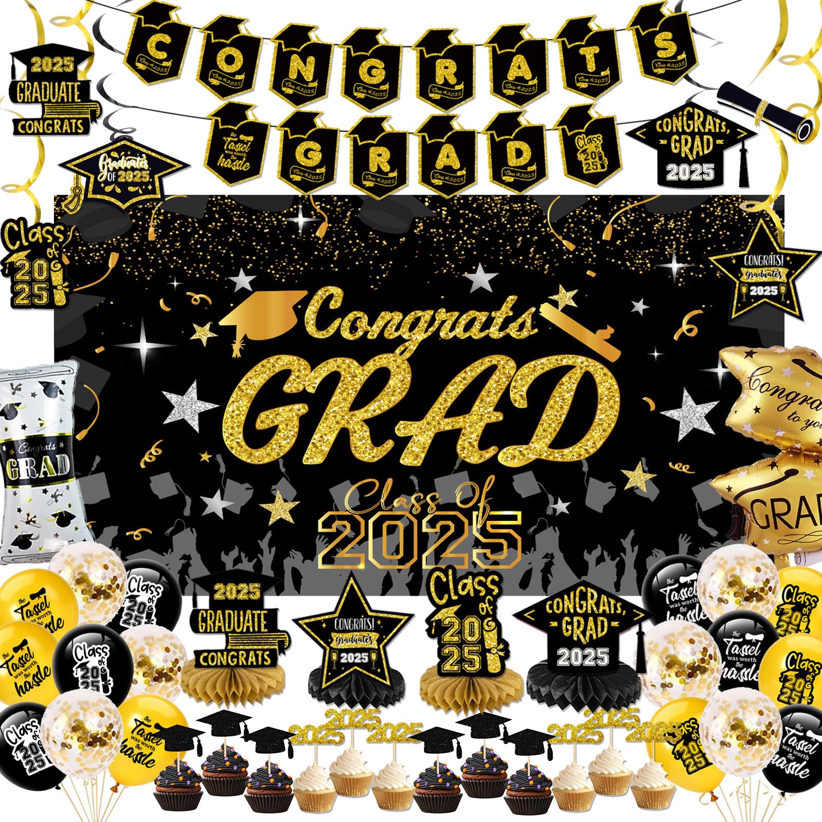 Graduation Decorations 2025-Black and Gold Graduation Party Decorations Supplies Class of 2025 with Banner, Backdrop, Balloons, Centerpieces, Cupcake Toppers, Hanging Swirl for Grad Party