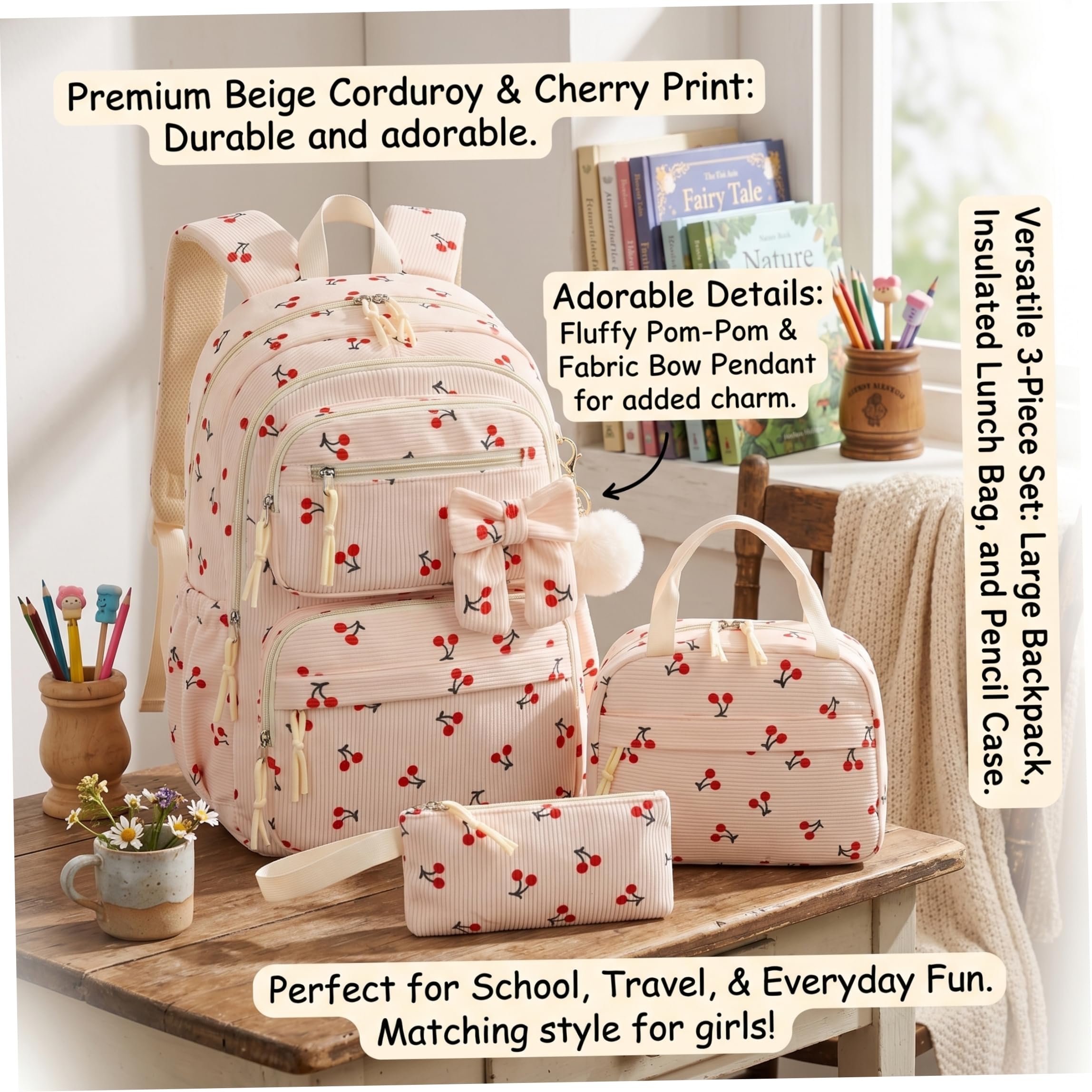 3 unids/set mochila de cereza linda mochila de pana con paquete de comida estuche para niñas y mujeres, color beige.