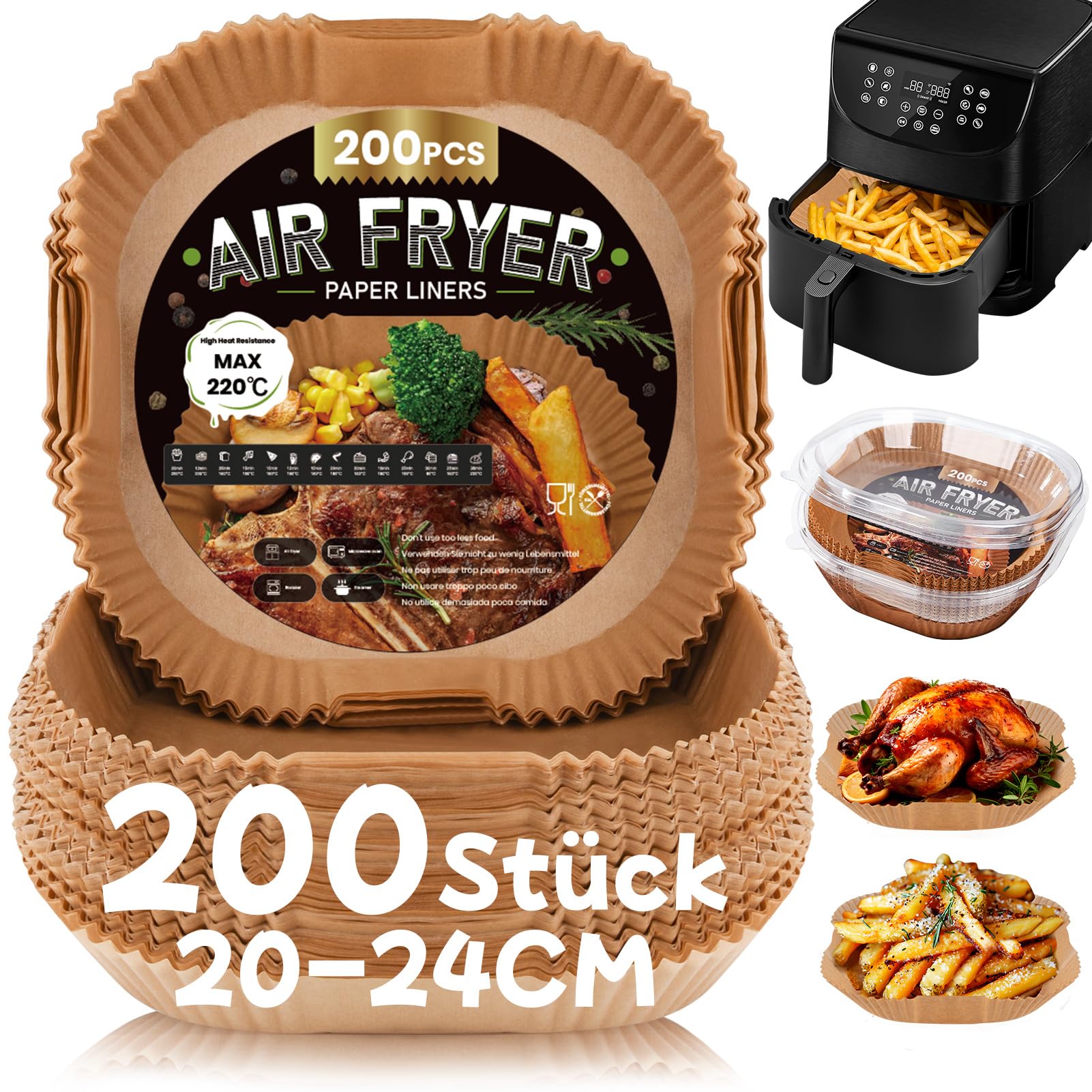 200 Stück Backpapier für COSORI Airfryer, Antihaft Wasserdicht Ölfest Einwegschalen Luftfritteuse Pergamentpapier Liner 