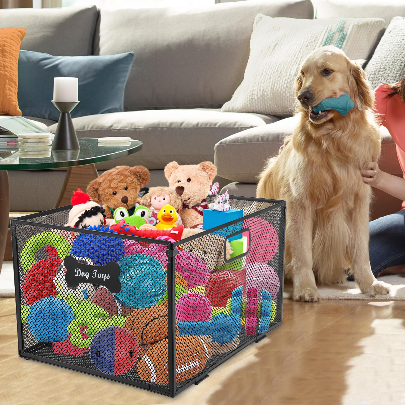 APITOS Metal Dog Toy Box-Dog Toy Basket-Wire Mesh Basket Black-Pet Accessory Rust-Stylish Dog Bone Design-for Organizing Pet Toys Cat Blankets,Dog Clothes,Urine - Image 2