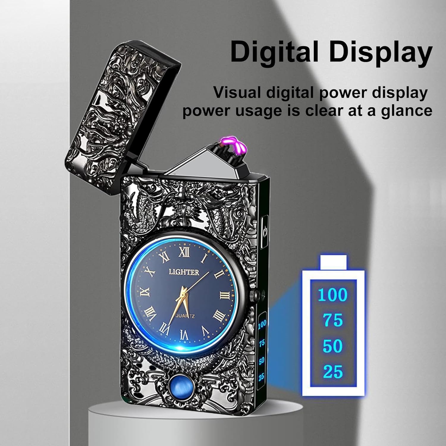 Electric Lighter with Clock Dial LED Power Display Plasma Dragon Lighters Windproof USB Rechargeable Lighter Cool Lighte Gifts for Men Women （Dragon -Black