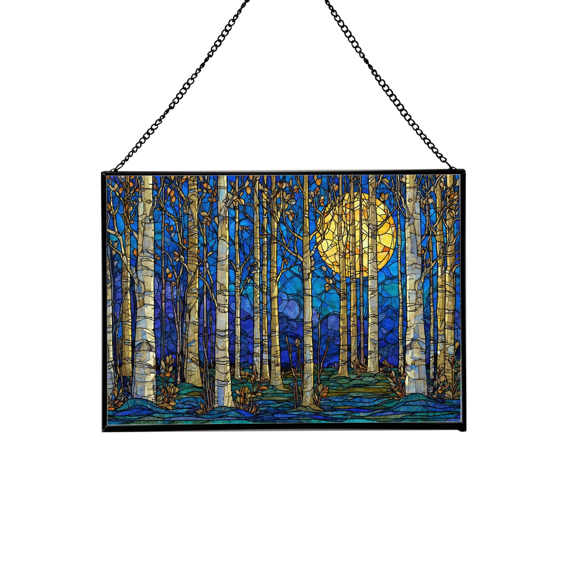 Moonlight Streaming Through Birch Trees Rectangular Stained Glass Suncatcher – Hanging Window Panel with Animal & Nature Scene – Vibrant Glass Art Gift for Wildlife, Fantasy, Nature Lovers oOmgtI