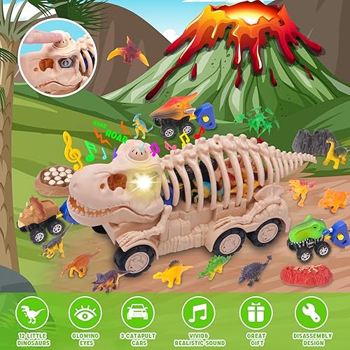 Miniatura 4 de COSOOS Camión de dinosaurios para niños de 3 a 5 años, juguete, camión monstruo T Rex, juego de transporte con sonido y luz, 3 vehículos de
