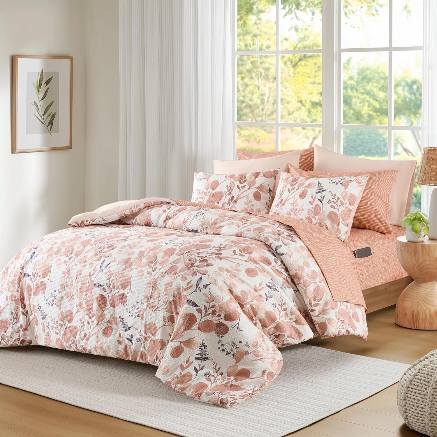 Lightweight Seersucker Botanical Comforter Set Full Size, 9 Pieces Reversible Design Bed in A Bag Set, Premium Microfiber Bedding Set, Coral