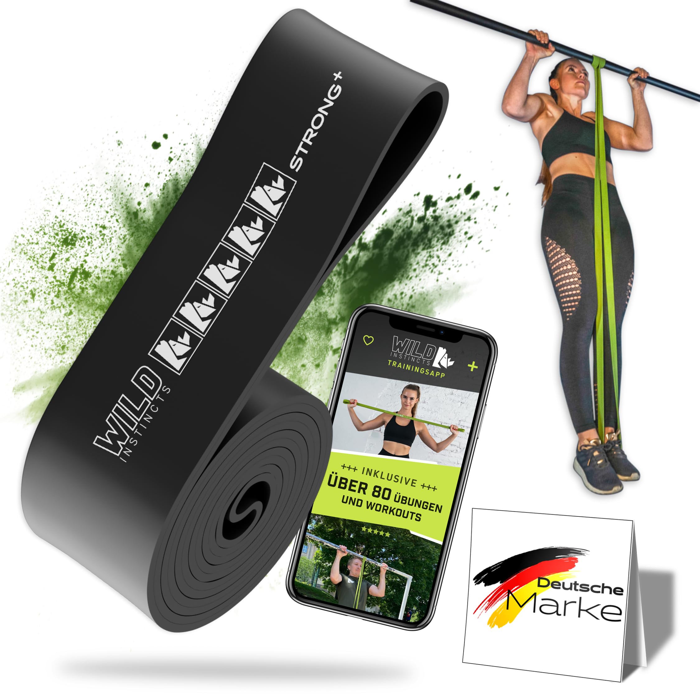 Wild Instincts Pull Up Band Strong+ 6,3cm / Band für Klimmzüge, Fitnessbänder Set/Resistance Bands Set/Gummiband Sport/Widerstandsbänder für Crossfit & Stretching +Tasche +Trainings WebApp