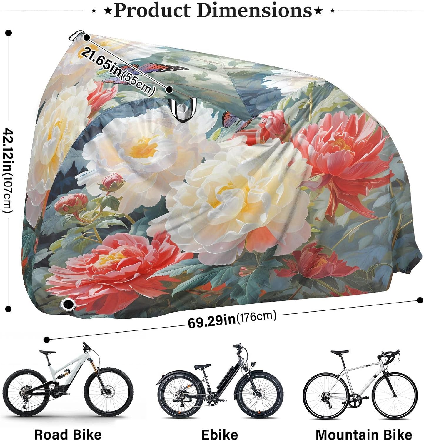 ALAZA Butterfly Rose Flowers Bike Cover Waterproof Outdoor Ebike Bicycle Covers Tarp Protection for 1/2 Bikes, Sun UV Dust Wind Proof