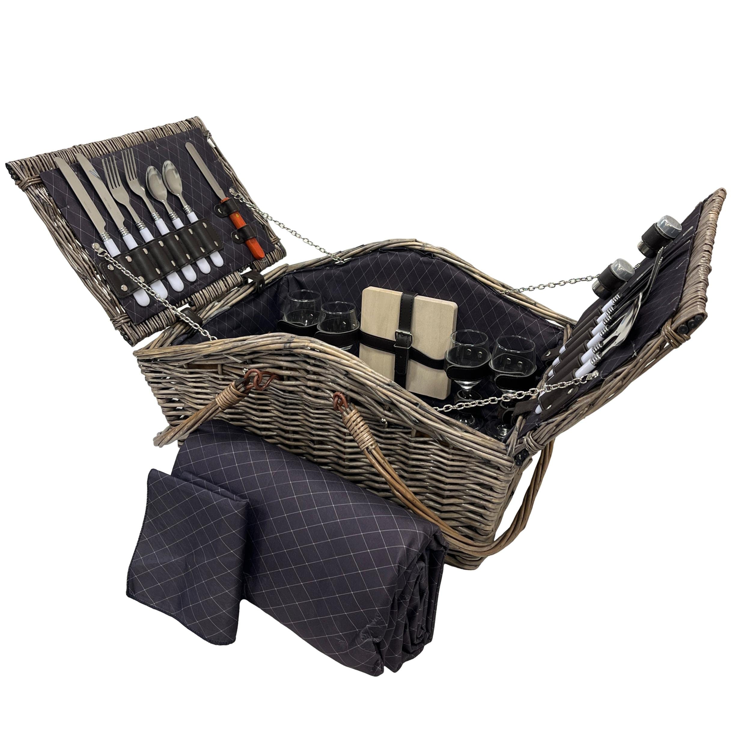 Arthur Cameron - Deluxe, Four Person, Large Picnic Basket for Four - This Classic Picnic Hamper for Four is Handwoven from Full, Round Willow Wicker with an Antique Wash Finish